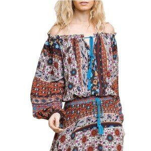 Umgee Marsala Bohemian Print Off Shoulder Peasant Top with Tassels